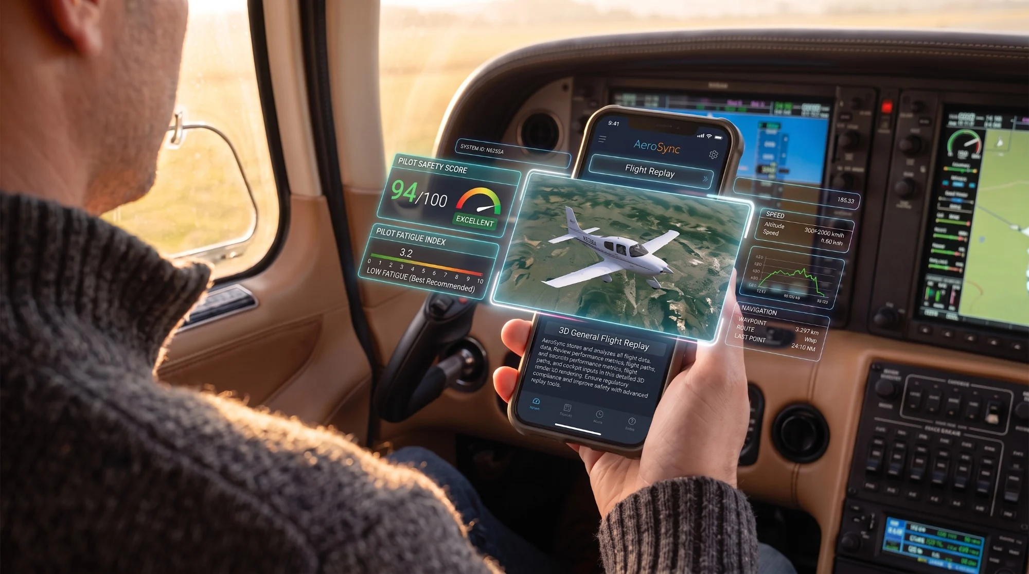 Pilot in a cockpit holding a phone running AeroSync™: a 3D replay of the flight with a Pilot Safety Score of 94 and a Pilot Fatigue Index of 3.2